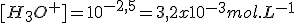 [H_3O^+]=10^{-2,5}=3,2 x 10^{-3} mol.L^{-1}